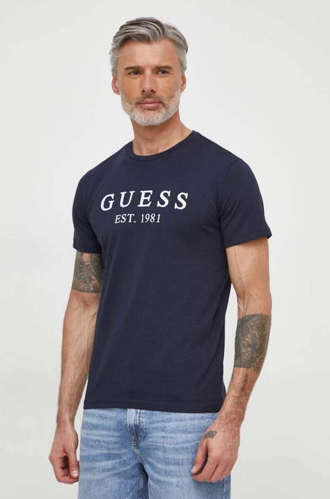 Guess tricou barbati, culoarea albastru marin, cu imprimeu