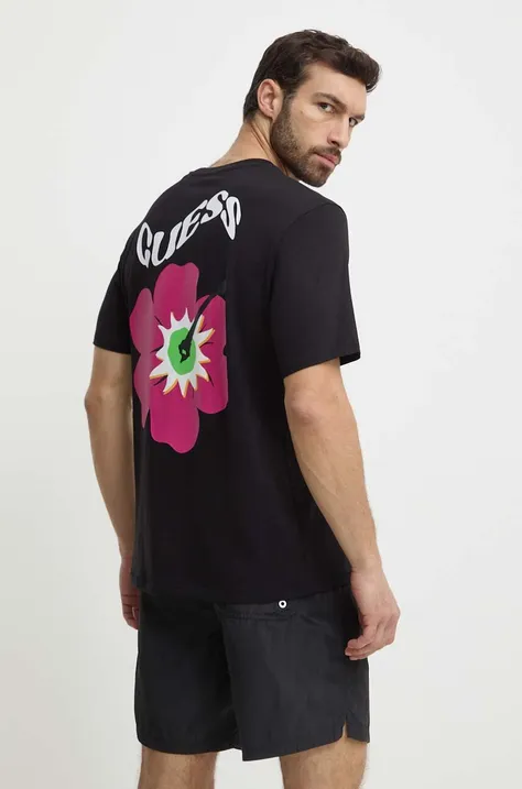 Bavlnené tričko Guess FLOWER pánske, čierna farba, s potlačou, F4GI01 I3Z11