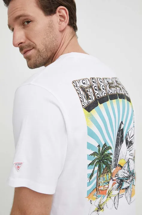 Bavlněné tričko Guess SURFING bílá barva, s potiskem, F4GI07 I3Z14