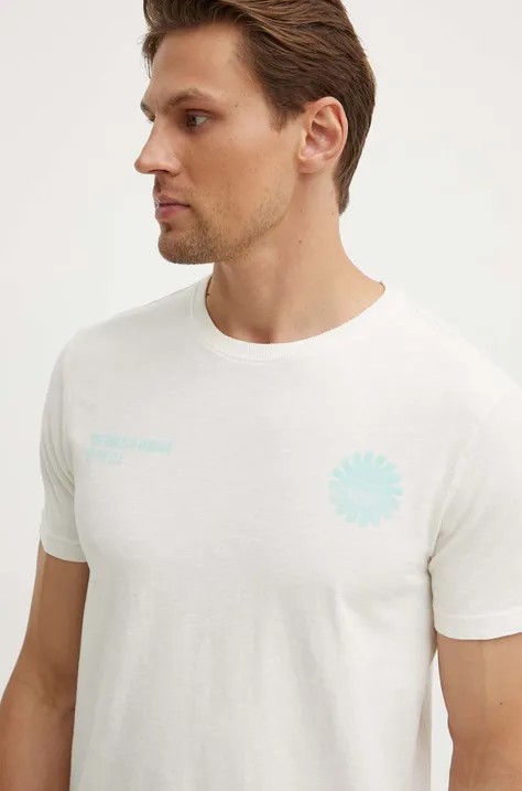 Bavlnené tričko United Colors of Benetton pánsky, béžová farba, vzorovaný