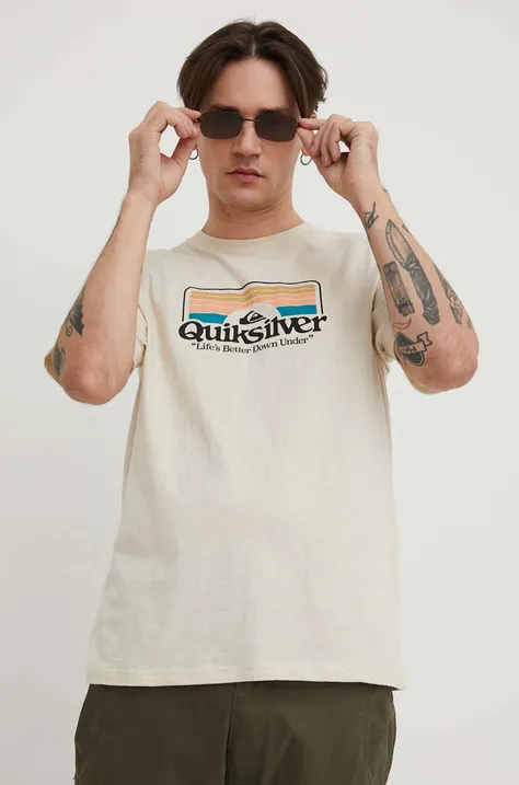 Бавовняна футболка Quiksilver чоловічий колір бежевий з принтом