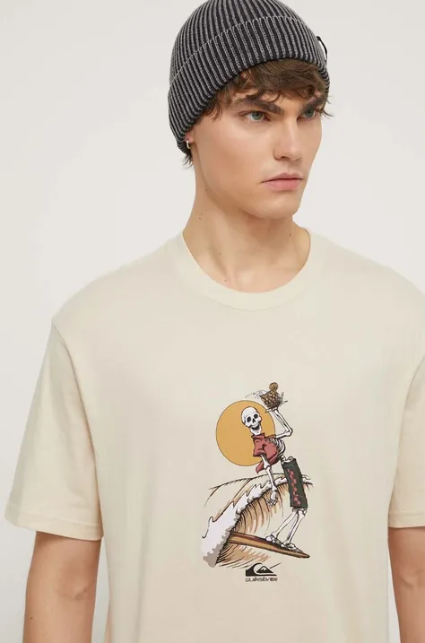 Pamučna majica Quiksilver za muškarce, boja: bež, s tiskom