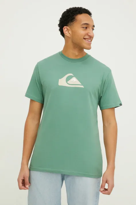 Bavlnené tričko Quiksilver pánsky, zelená farba, s potlačou