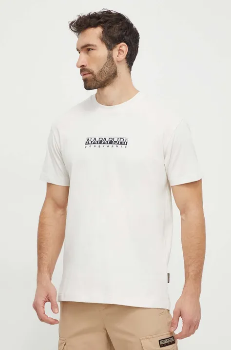 Napapijri t-shirt bawełniany męski kolor beżowy z nadrukiem