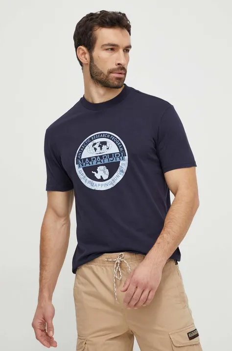 Bombažna kratka majica Napapijri moški, mornarsko modra barva