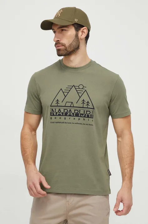 Bavlnené tričko Napapijri S-Faber pánske, zelená farba, s potlačou, NP0A4HQEGAE1