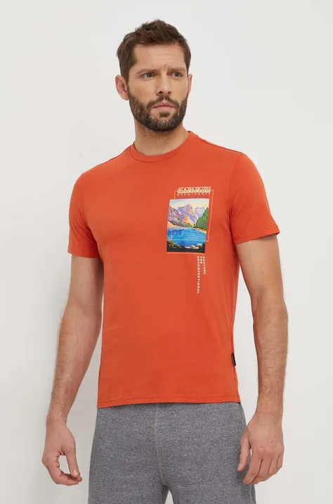 Bavlnené tričko Napapijri pánsky, oranžová farba, s potlačou