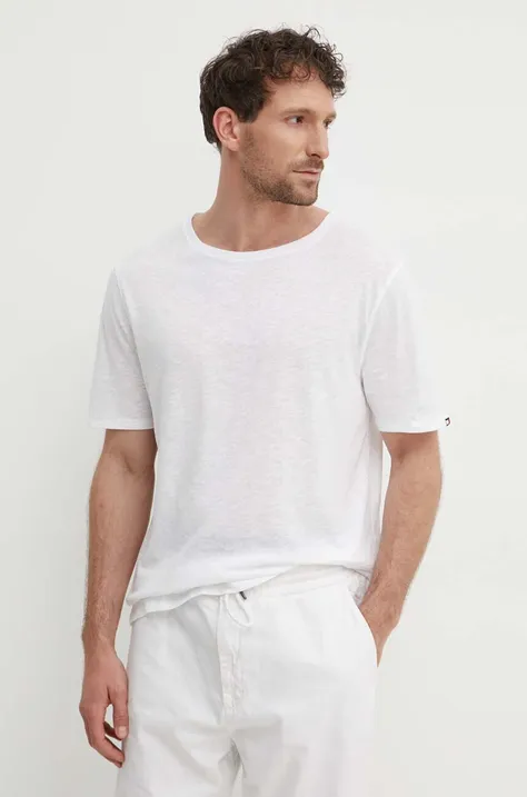 Kratka majica s primesjo lanu Tommy Hilfiger bela barva