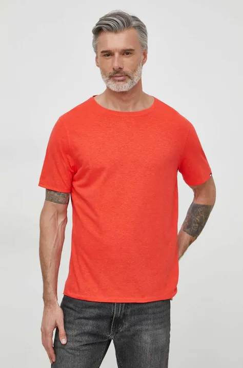 Kratka majica s primesjo lanu Tommy Hilfiger rdeča barva