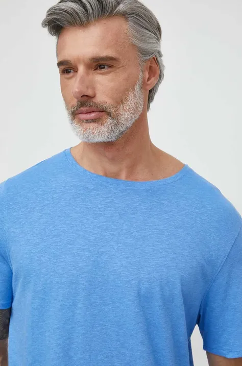 Tommy Hilfiger t-shirt z domieszką lnu kolor niebieski gładki UM0UM03226