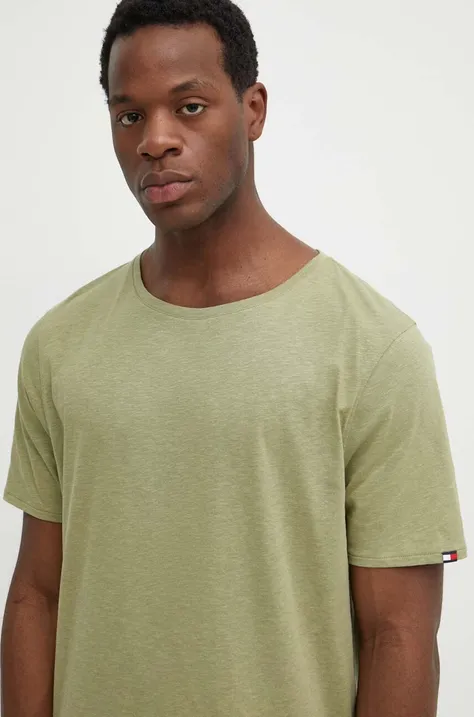 Kratka majica s primesjo lanu Tommy Hilfiger zelena barva