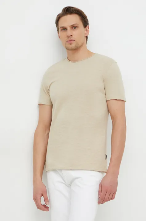 Bavlnené tričko Sisley pánsky, béžová farba, jednofarebný