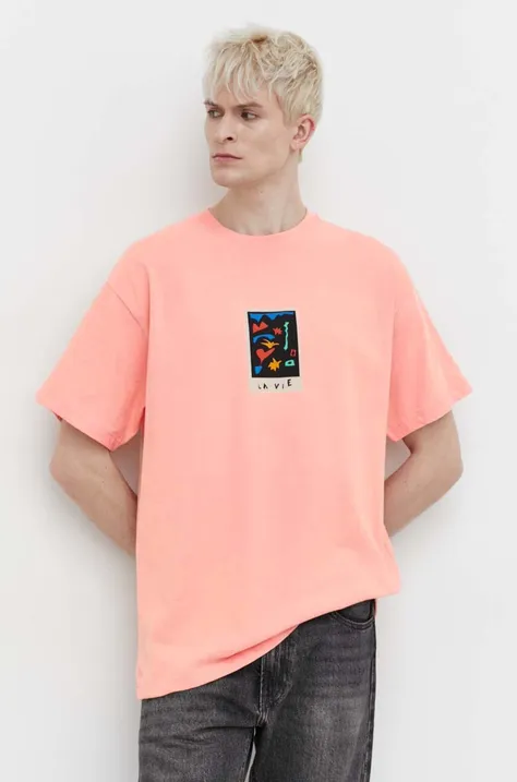 Pamučna majica Volcom x ARTHUR LONGO za muškarce, boja: ružičasta, s tiskom