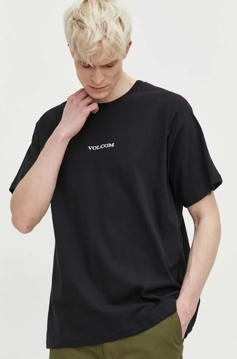 Хлопковая футболка Volcom мужской цвет чёрный с аппликацией