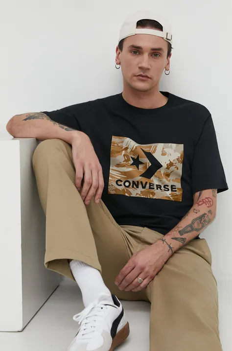 Βαμβακερό μπλουζάκι Converse ανδρικά, χρώμα: μαύρο