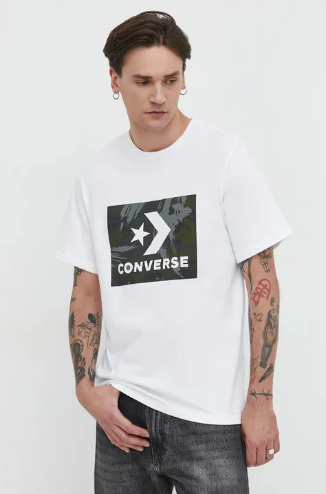 Bombažna kratka majica Converse moški, bela barva