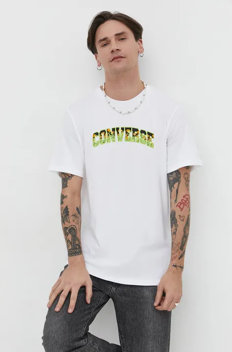 Памучна тениска Converse в бежово с принт
