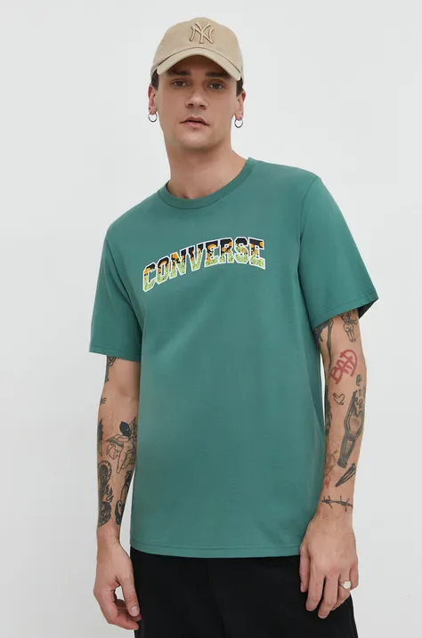 Хлопковая футболка Converse мужской цвет зелёный с принтом