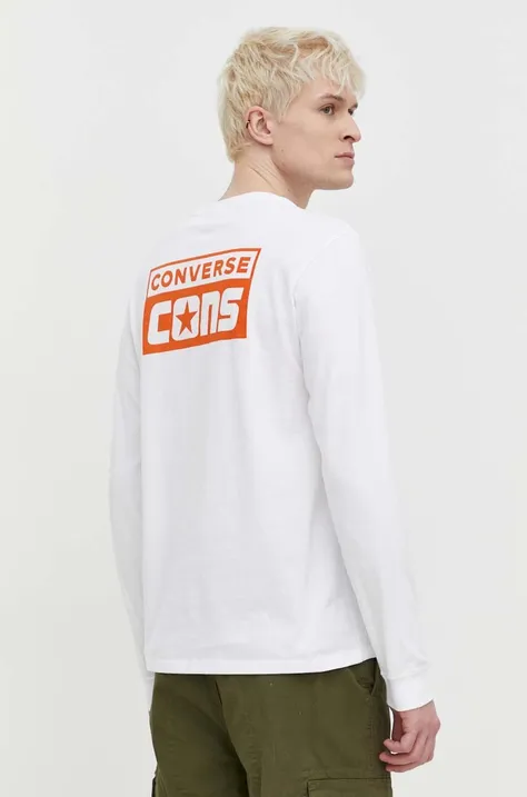 Bombažna majica z dolgimi rokavi Converse bela barva