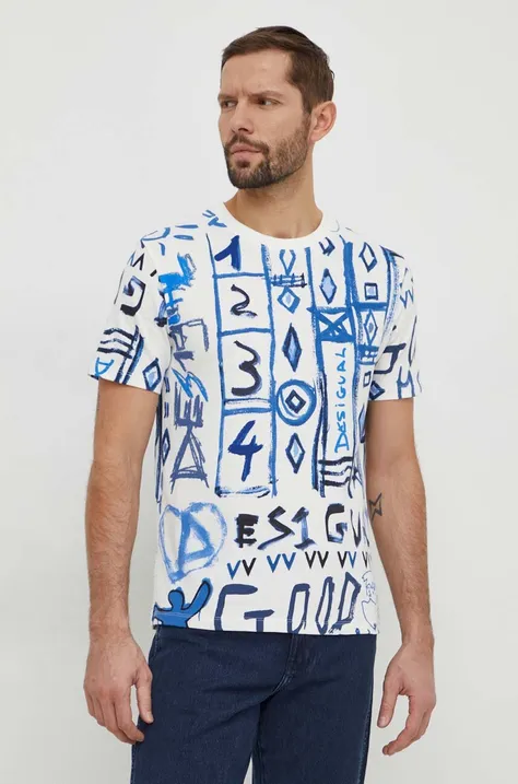Desigual t-shirt bawełniany męski kolor beżowy wzorzysty