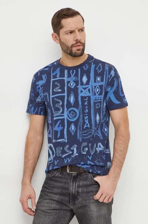 Bombažna kratka majica Desigual moški, mornarsko modra barva