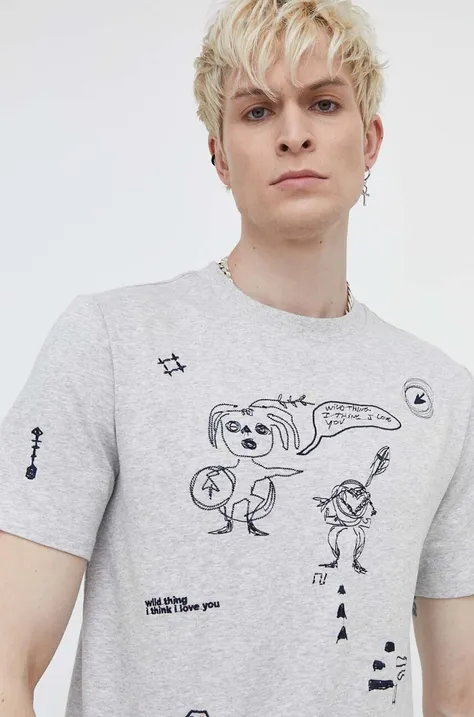 Desigual pamut póló JAVIER szürke, férfi, mintás, 24SMTK43