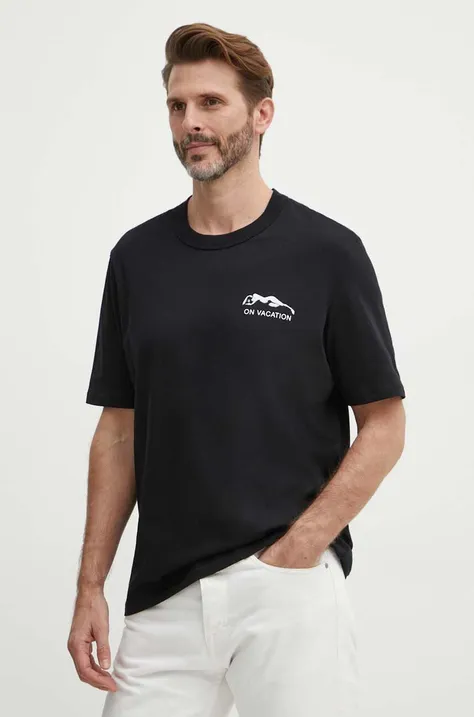 Pamučna majica Sisley za muškarce, boja: crna, s tiskom