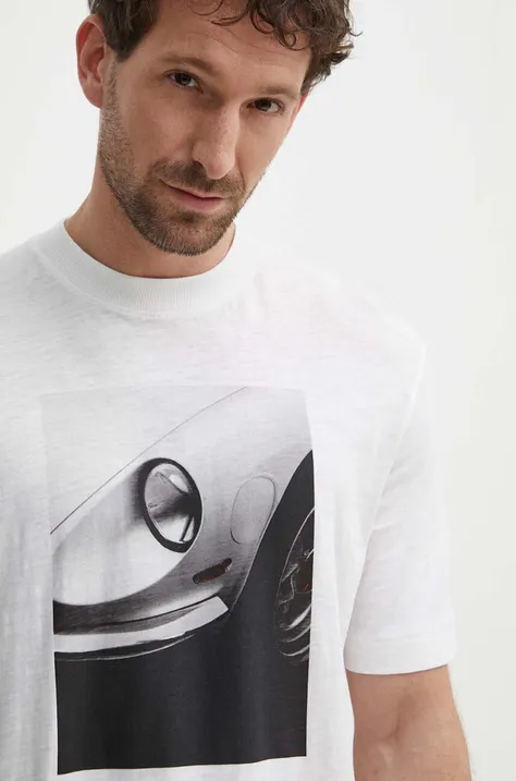 Sisley tricou din bumbac barbati, culoarea bej, cu imprimeu