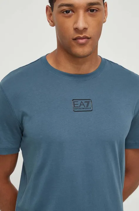 Хлопковая футболка EA7 Emporio Armani мужской цвет бирюзовый однотонный