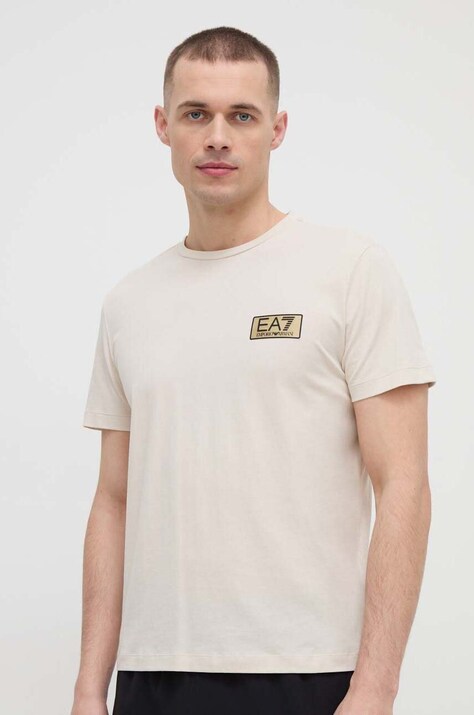 Pamučna majica EA7 Emporio Armani za muškarce, boja: bež, s aplikacijom