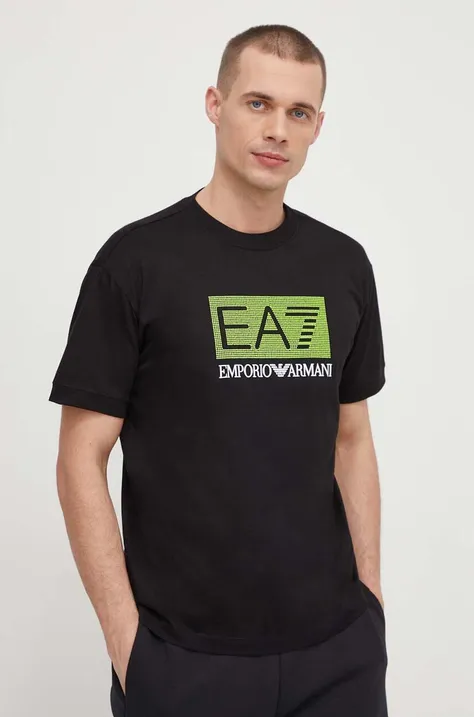 Pamučna majica EA7 Emporio Armani za muškarce, boja: crna, s tiskom