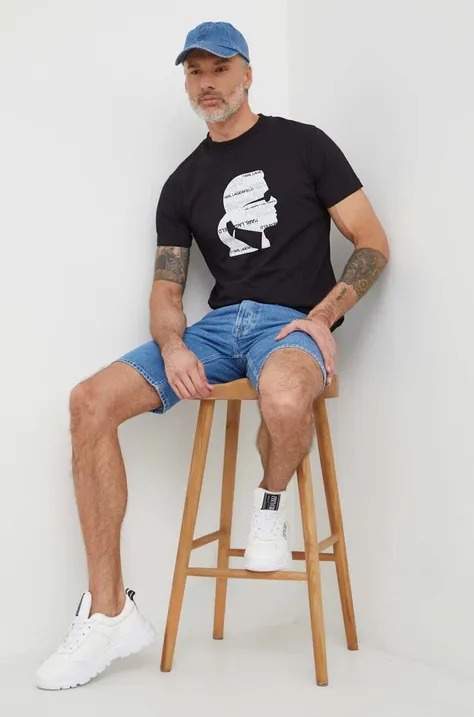 Pamučna majica Karl Lagerfeld za muškarce, boja: crna, s tiskom, 542241.755423