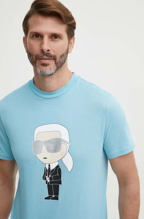 Памучна тениска Karl Lagerfeld в синьо с принт 542251.755071