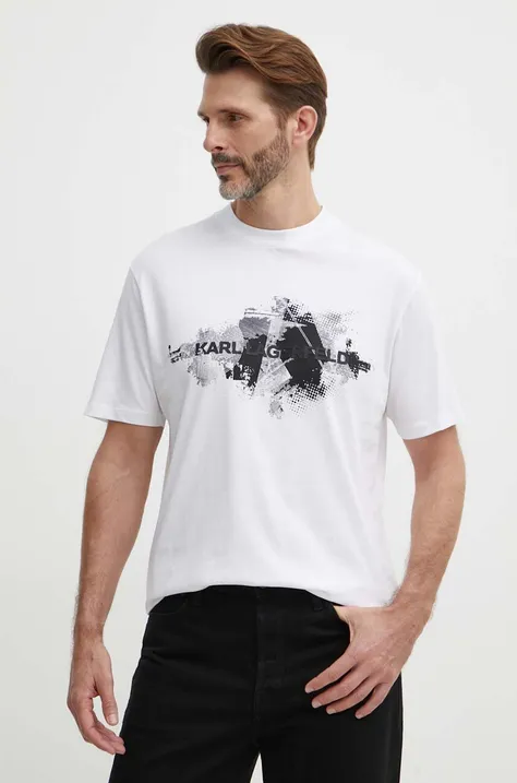 Pamučna majica Karl Lagerfeld za muškarce, boja: bijela, s tiskom, 542224.755148