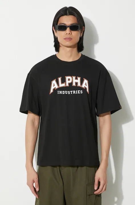 Pamučna majica Alpha Industries College za muškarce, boja: crna, s tiskom, 146501