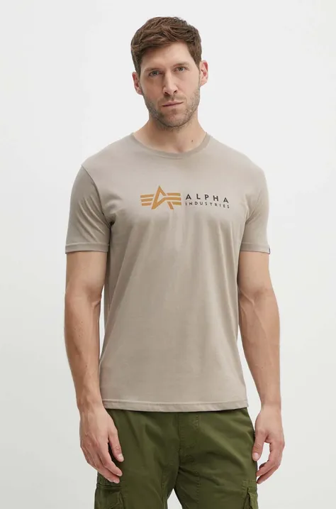 Βαμβακερό μπλουζάκι Alpha Industries Label ανδρικό, χρώμα: μπεζ, 118502