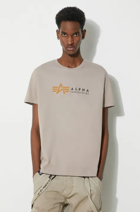 Bavlněné tričko Alpha Industries Label béžová barva, s potiskem, 118502