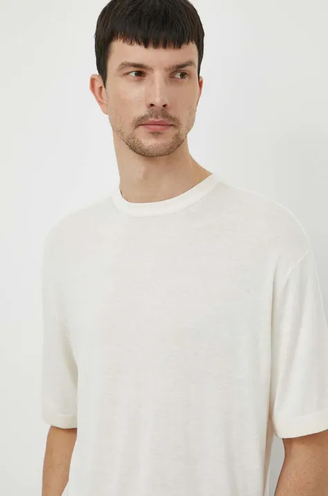 Majica kratkih rukava s dodatkom svile Calvin Klein boja: bež, bez uzorka