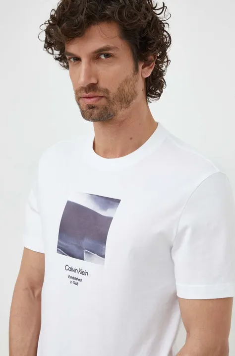 Хлопковая футболка Calvin Klein мужская цвет бежевый с принтом