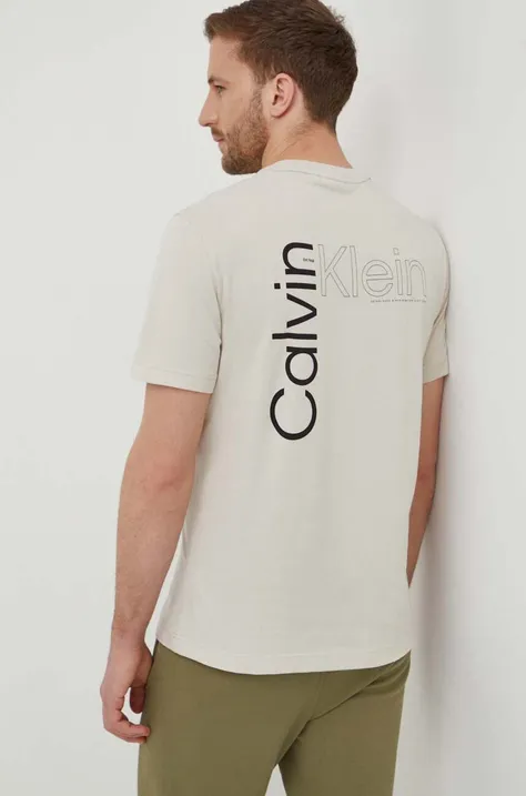 Bavlnené tričko Calvin Klein pánsky,béžová farba,s potlačou,K10K112495