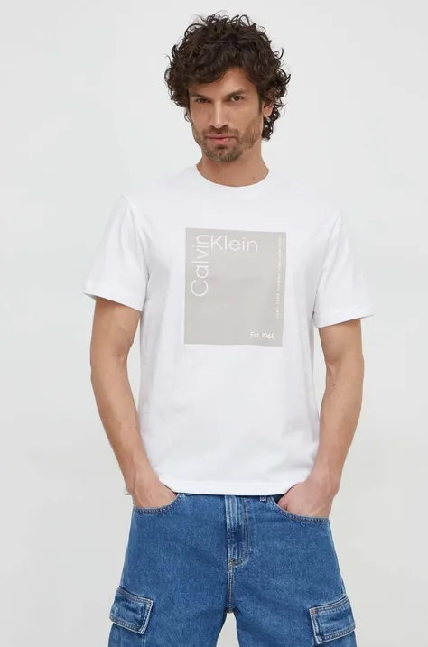 Bombažna kratka majica Calvin Klein moški, bela barva