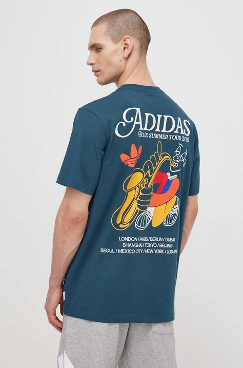 Pamučna majica adidas Originals za muškarce, boja: tirkizna, s tiskom, IS0225