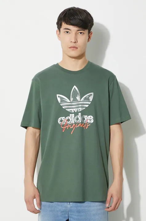 Bavlnené tričko adidas Originals pánske, zelená farba, s potlačou, IS0228