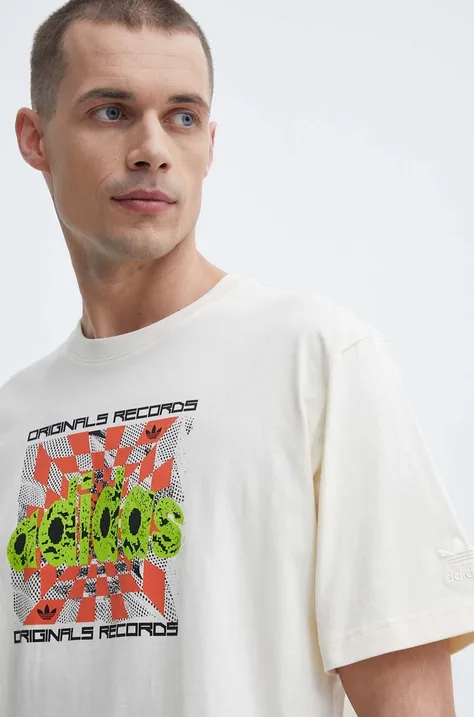 Bavlnené tričko adidas Originals pánske, béžová farba, s potlačou, IS2905