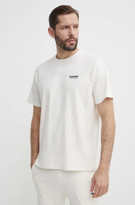 Pamučna majica Hummel za muškarce, boja: bež, s tiskom