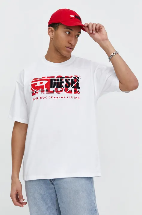 Diesel t-shirt bawełniany męski kolor biały z nadrukiem