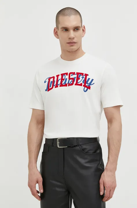 Bavlnené tričko Diesel pánsky, béžová farba, s potlačou