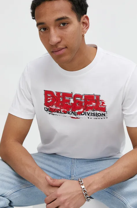 Pamučna majica Diesel za muškarce, boja: bijela, s tiskom