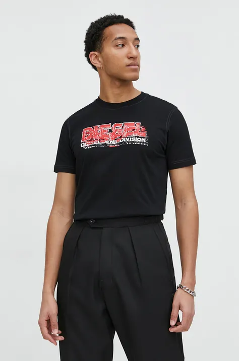 Pamučna majica Diesel za muškarce, boja: crna, s tiskom