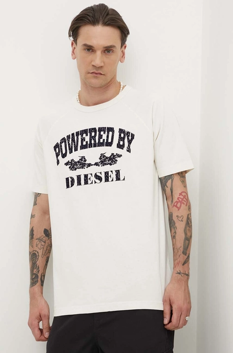 Diesel tricou din bumbac T-RUST barbati, culoarea bej, cu imprimeu, A13280.0DQAU